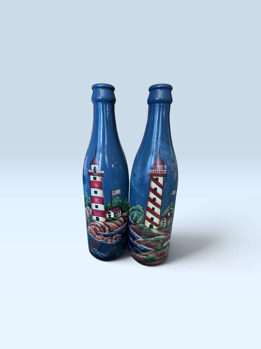 Hand Painted Lighthouse Glass Wine Bottle 9" (Lot of 2)